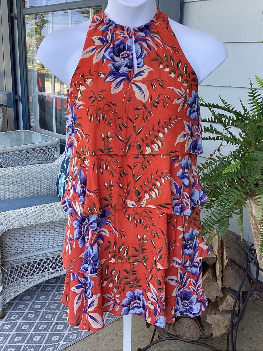 LOFT Coral and Blue Floral Sleeveless Tiered Halter Dress PS